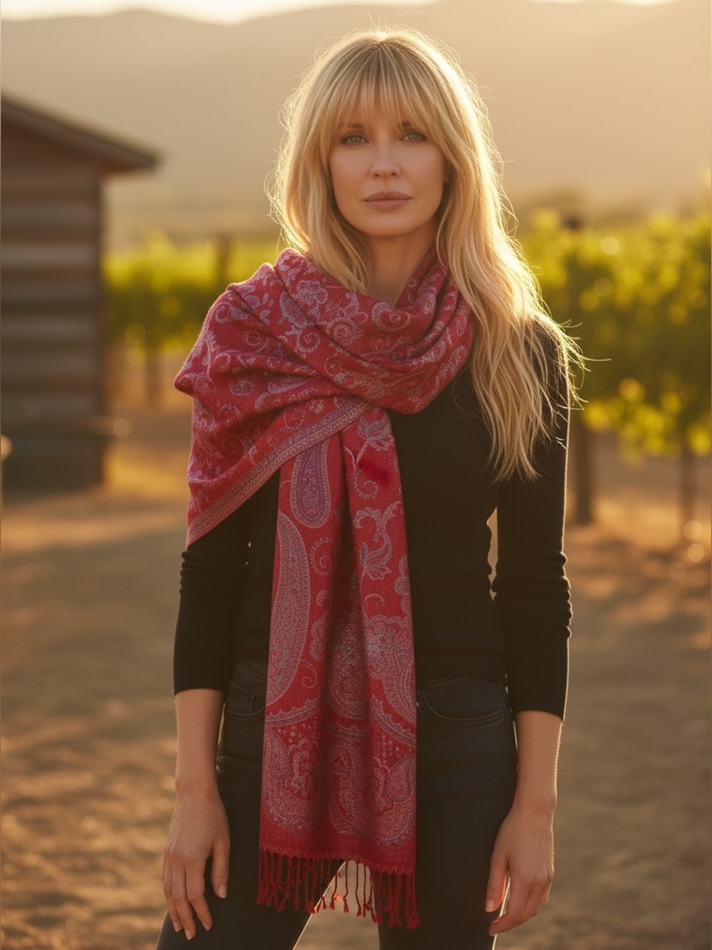 Red Paisley Wool Silk Blend Scarf Wrap Shawl with Tassel Fringe Pashmina 28 x 72